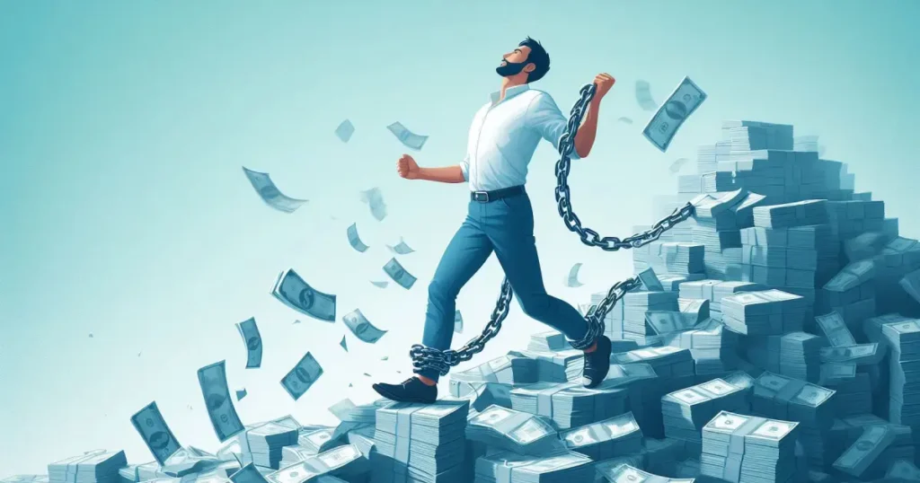 Pessoa quebrando correntes de dívidas financeiras, representando a liberdade ao quitar dívidas com métodos avalanche ou bola de neve.