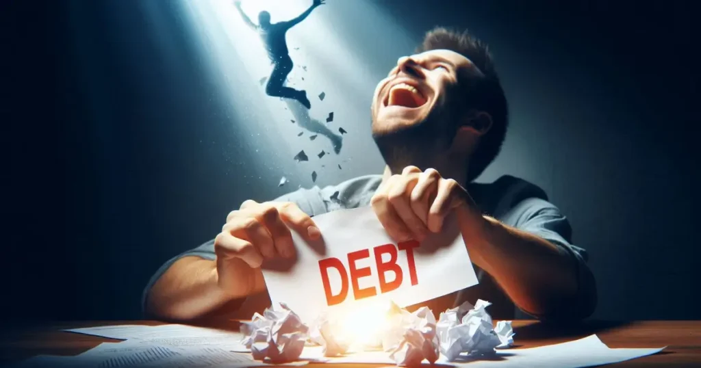 Pessoa libertando-se das dívidas, simbolizando o alívio e a esperança de uma nova vida financeira em 2025.