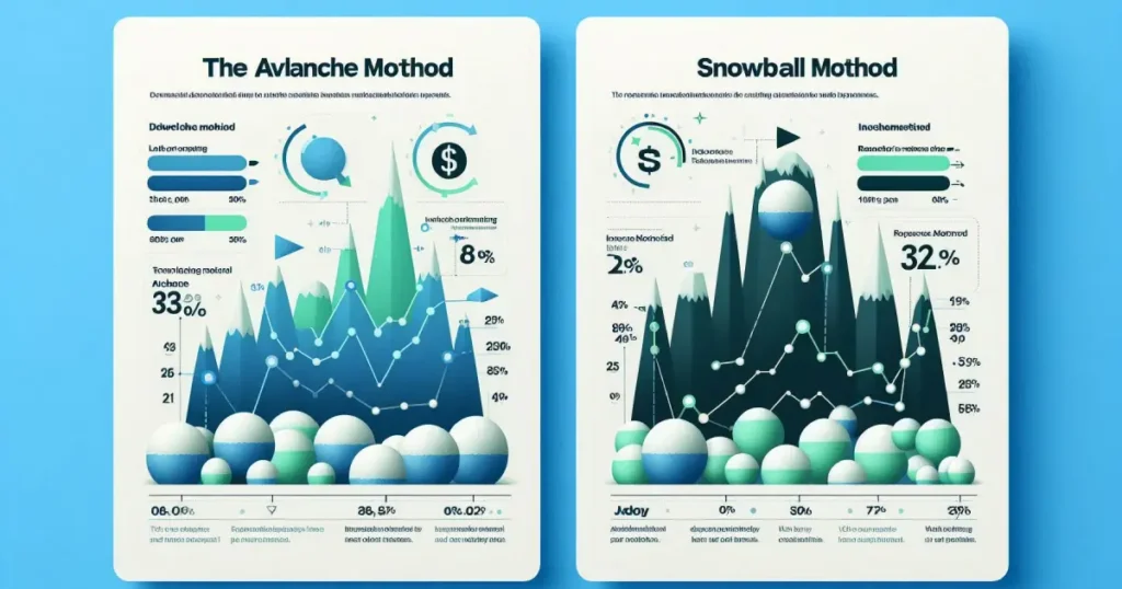 Método Avalanche ou Bola de neve? Infográfico comparativo entre os métodos avalanche e bola de neve para quitação de dívidas, destacando as diferenças visuais entre as estratégias.