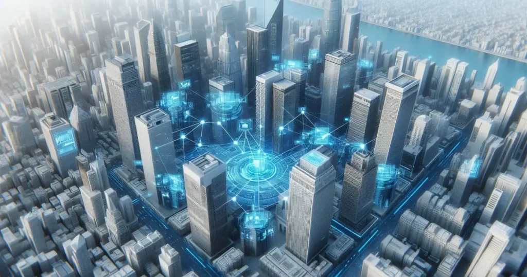 Vista aérea de um centro financeiro global com edifícios bancários interconectados por redes digitais, simbolizando o fluxo internacional de capital e a interconexão do sistema financeiro mundial.