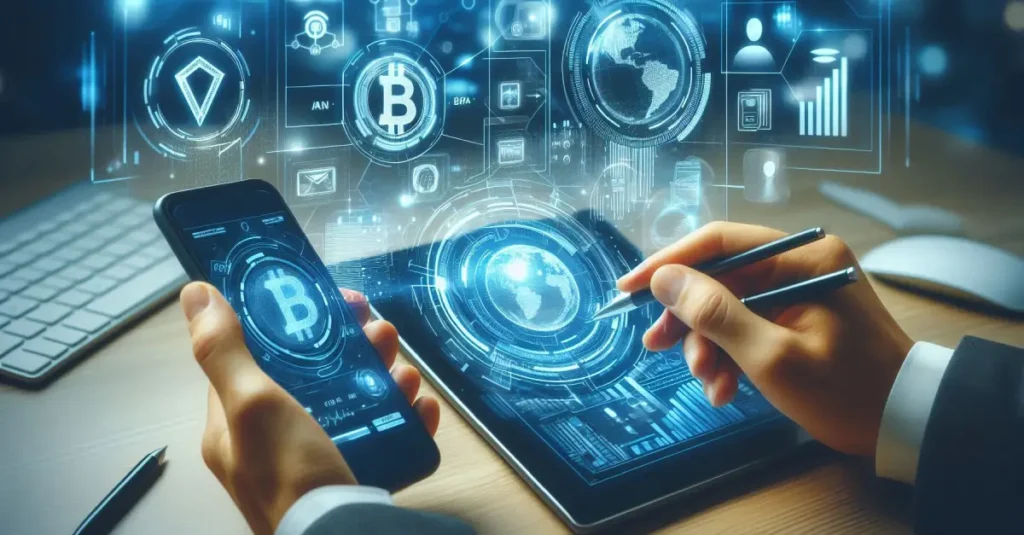 Pessoa utilizando aplicativos bancários em múltiplos dispositivos com interfaces digitais avançadas, representando a transformação tecnológica e inovações nas maiores instituições financeiras globais.