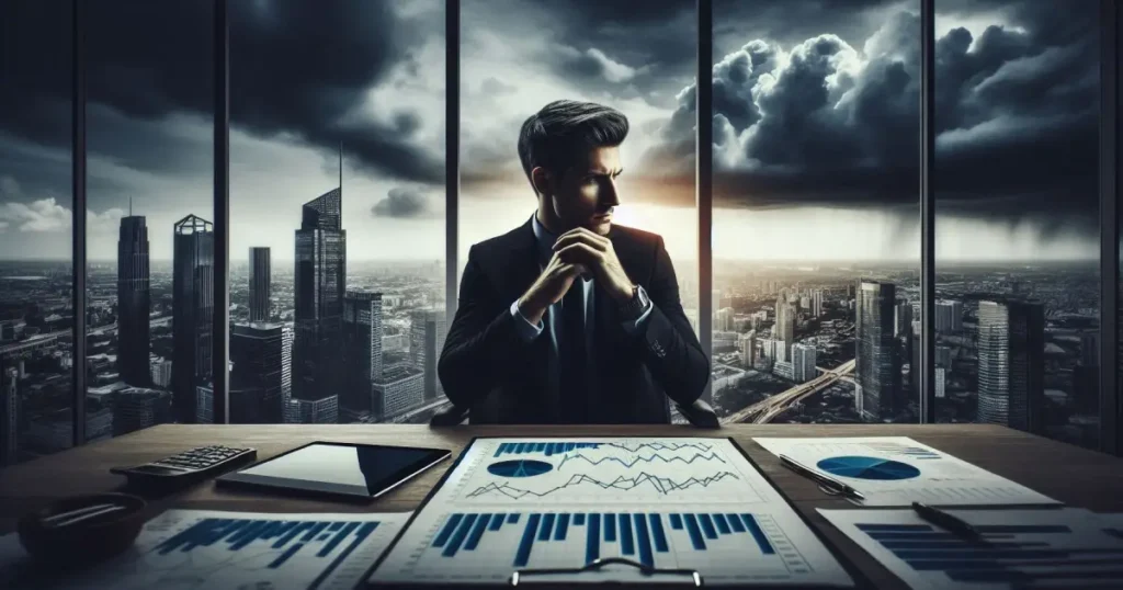 Executivo do setor bancário observando horizonte urbano com céu tempestuoso, simbolizando os desafios e incertezas que os maiores bancos do mundo enfrentam em 2025, com gráficos financeiros em sua mesa.