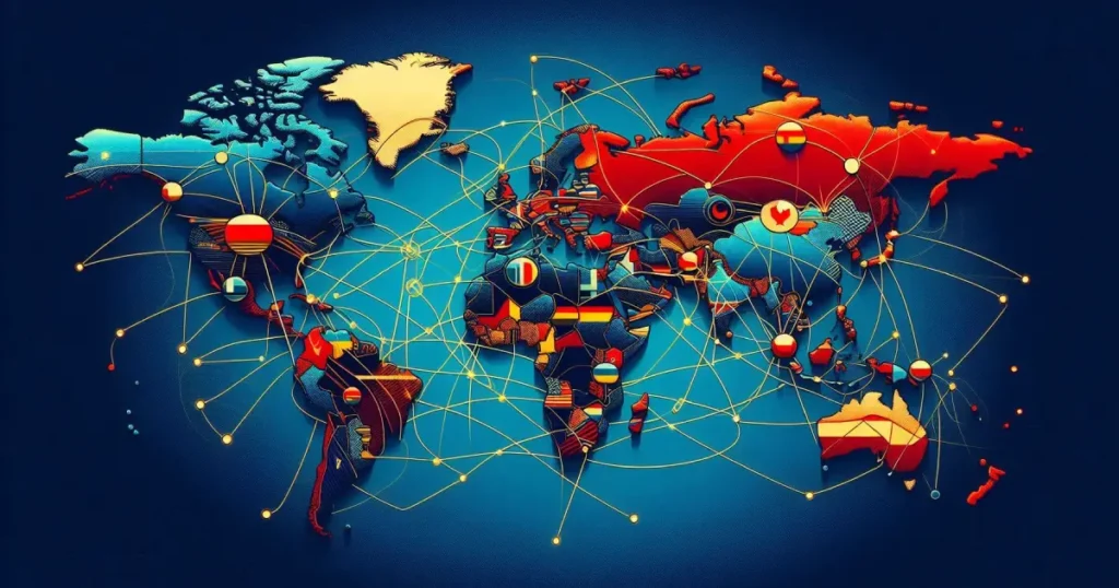 Mapa-múndi estilizado destacando principais centros financeiros e suas conexões, com algumas linhas tensas ou interrompidas, ilustrando como as tensões geopolíticas afetam o setor bancário global.