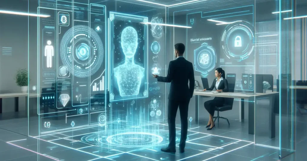 Conceito de agência bancária do futuro com interfaces holográficas, tecnologias de inteligência artificial e blockchain, demonstrando como os maiores bancos estão se adaptando à era digital.
