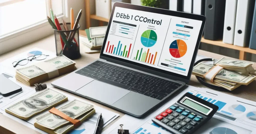 Planilha de controle de dívidas em um laptop sobre uma mesa organizada com calculadora e documentos financeiros