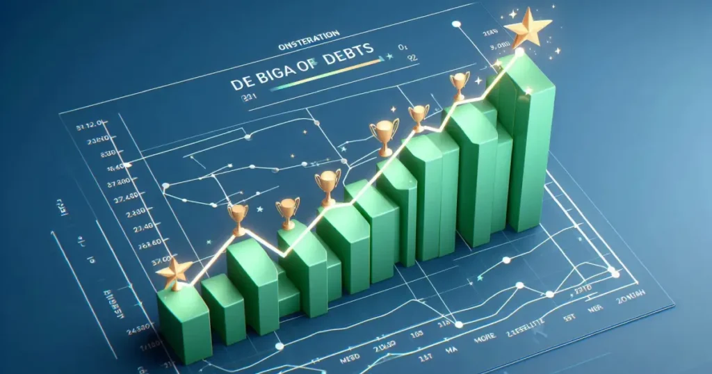 Gráfico ilustrativo mostrando a redução progressiva das dívidas e celebrando marcos importantes na jornada financeira