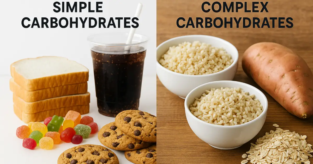 "Comparação visual entre carboidratos simples (pão branco, doces) e carboidratos complexos (quinoa, arroz integral, batata-doce, aveia) dispostos lado a lado"
