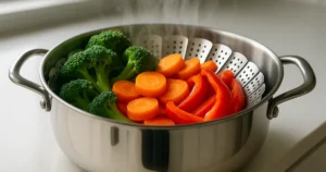 Vegetais coloridos sendo cozidos no vapor em cesto de aço inoxidável, mostrando técnica de cocção que preserva nutrientes