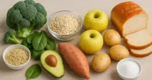 Alimentos organizados por índice glicêmico: vegetais verdes de baixo IG à esquerda, grãos integrais de IG moderado no centro, e carboidratos refinados de alto IG à direita.