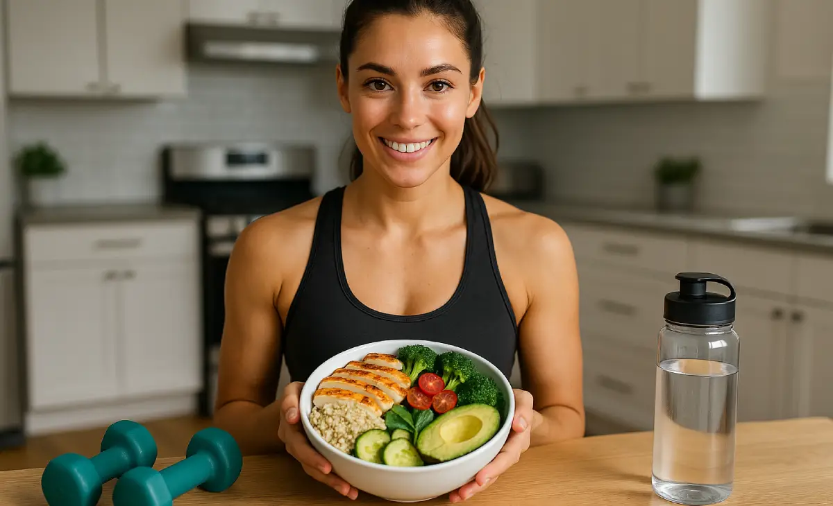 Mulher atlética segurando tigela com alimentos saudáveis ao lado de halteres e garrafa d'água, representando a combinação entre exercícios e alimentação